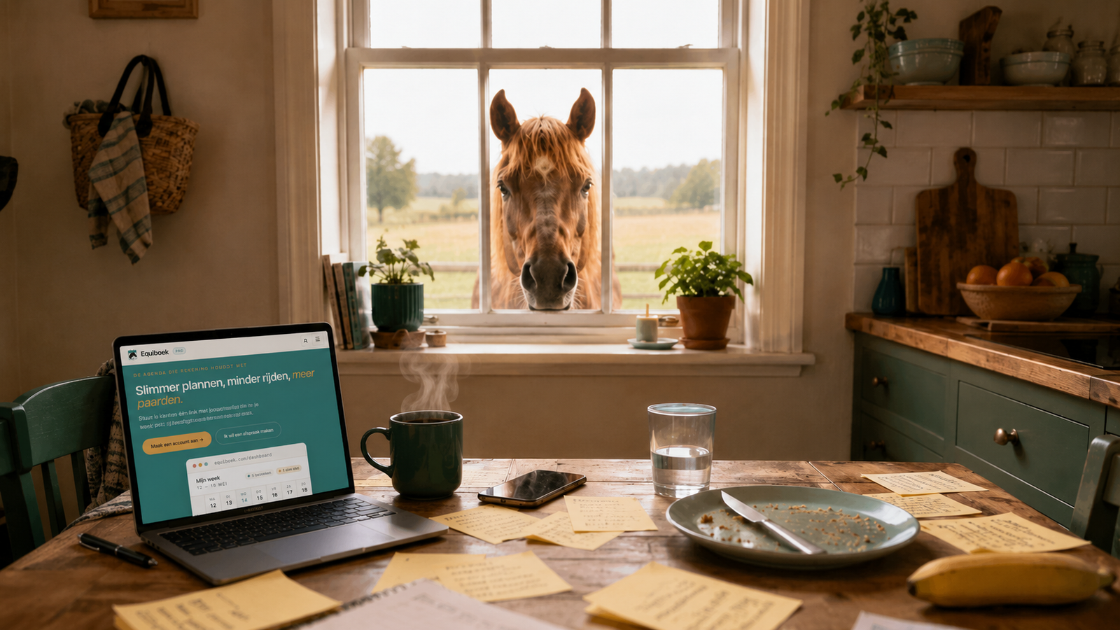 paard kijkt door raam naar binnen naar de keukentafel