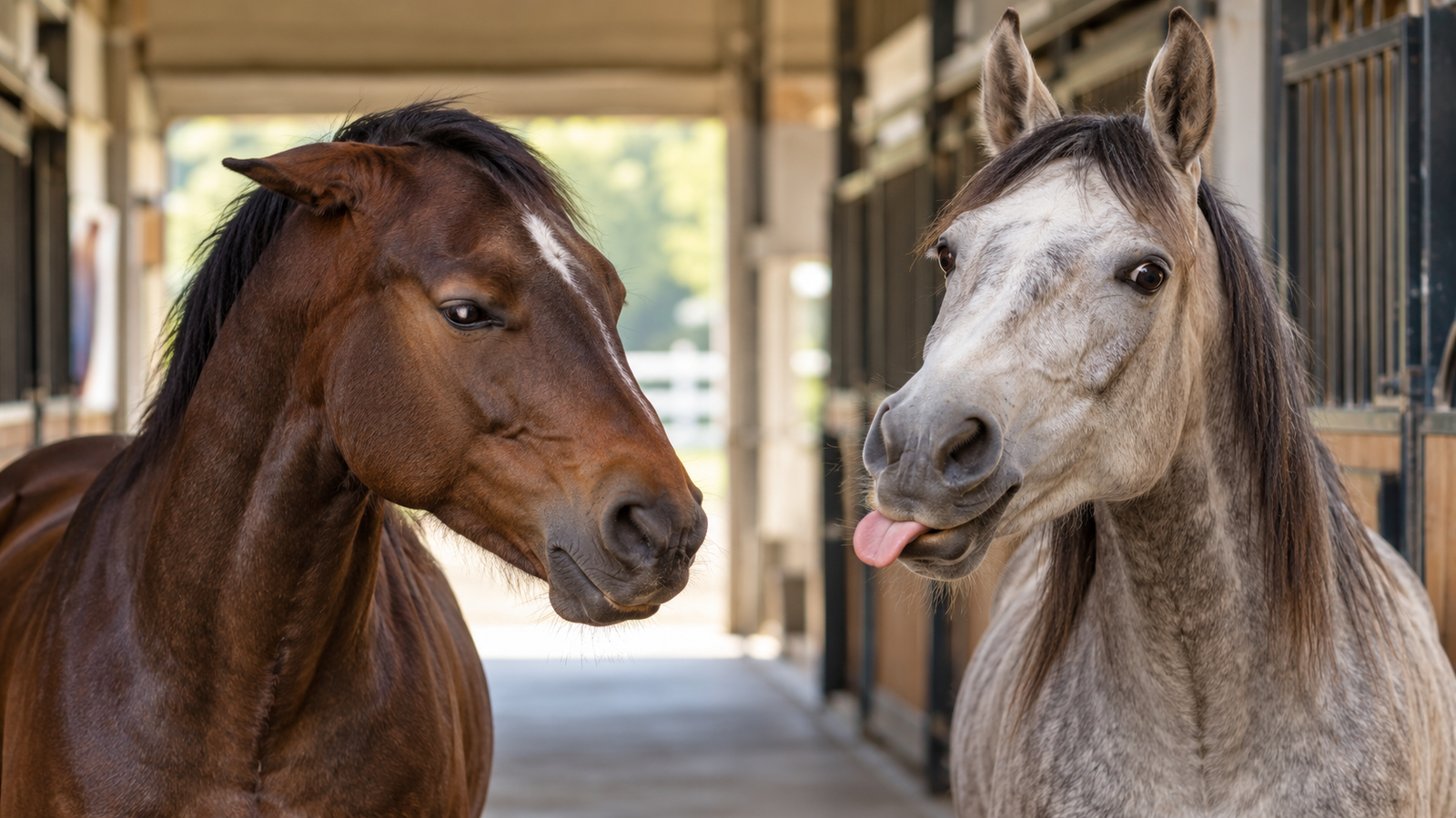 Twee paarden naast elkaar: het linker paard heeft een oor naar achteren en het rechter paard de oren naar voren en de tong uit de mond. wat zegt gehoor van een paard