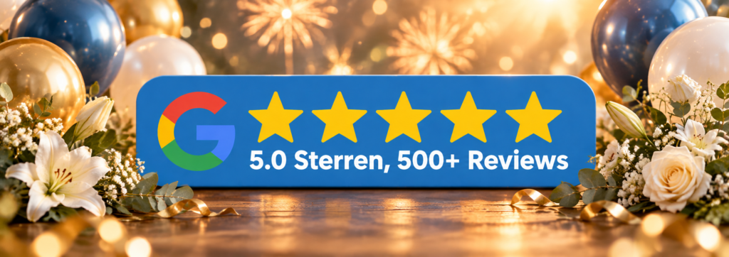 Blauwe reviewbadge met vijf sterren en 500+ reviews, omringd door bloemen en ballonnen.
