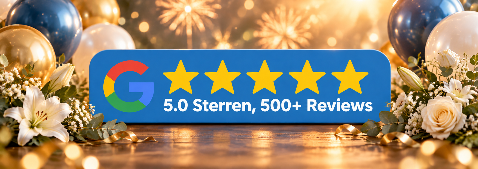 Blauwe reviewbadge met vijf sterren en 500+ reviews, omringd door bloemen en ballonnen.