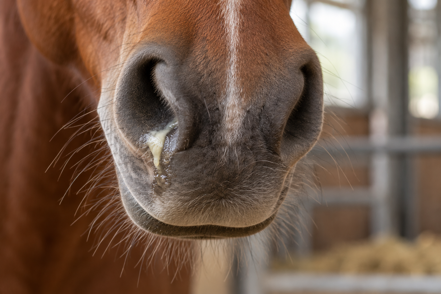 neusuitvloeiing bij rechter neusgat paard