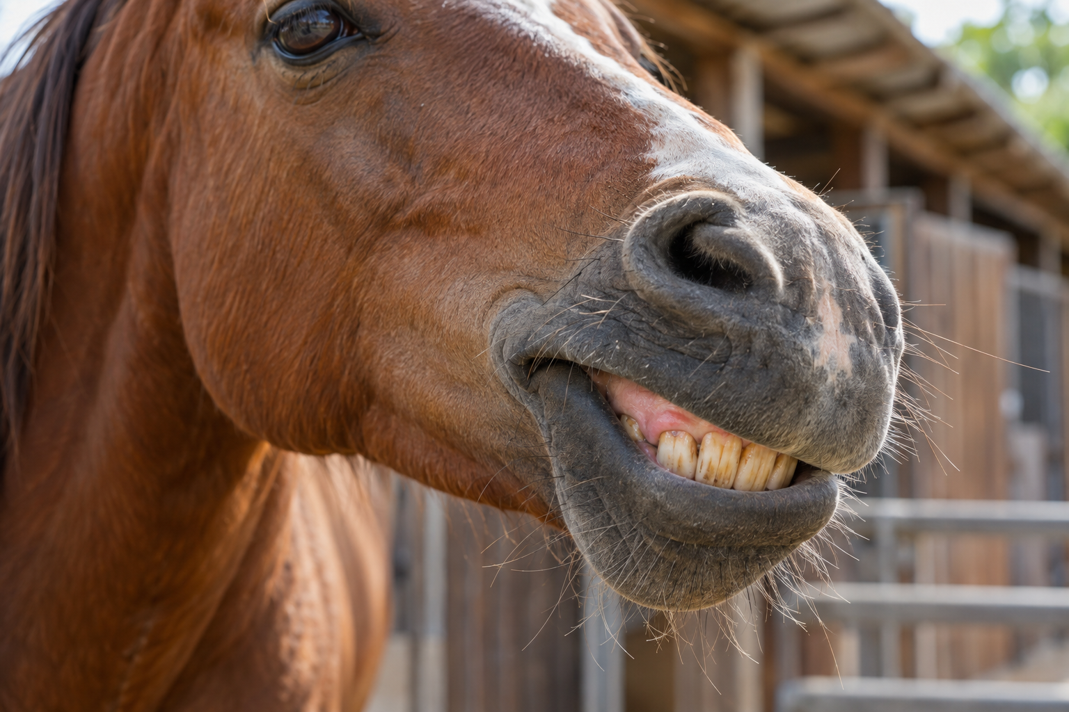 Close-up van een paard met zichtbare snijtanden en een licht rood randje tandvlees