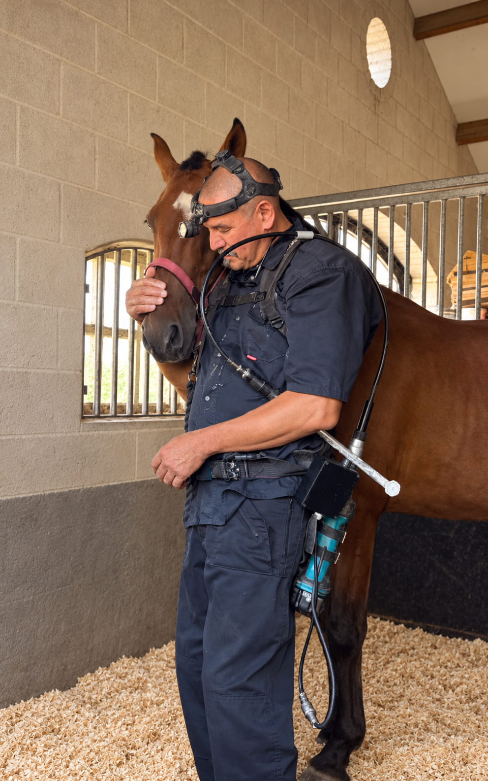 een ongesedeert paard leunt op hoofd van paardentandarts marnix