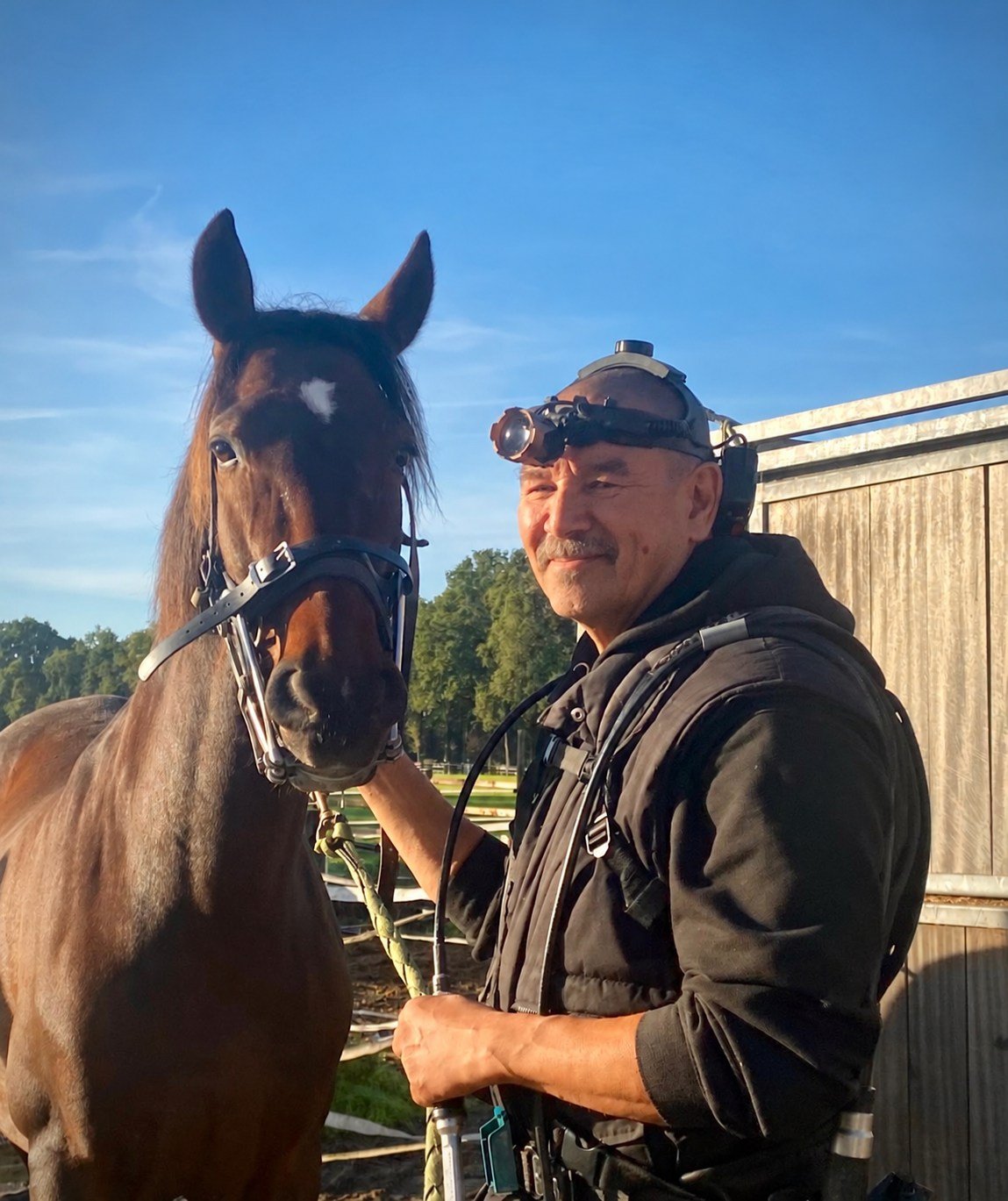 Paardentandarts Marnix Brandes naast een bruin paard op stal
