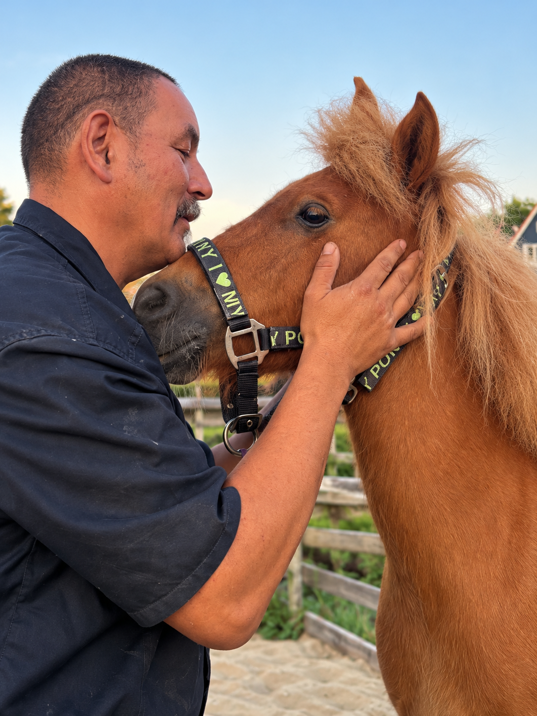 Marnix Brandes maakt rustig contact met een pony, met zijn handen zacht langs het hoofd.