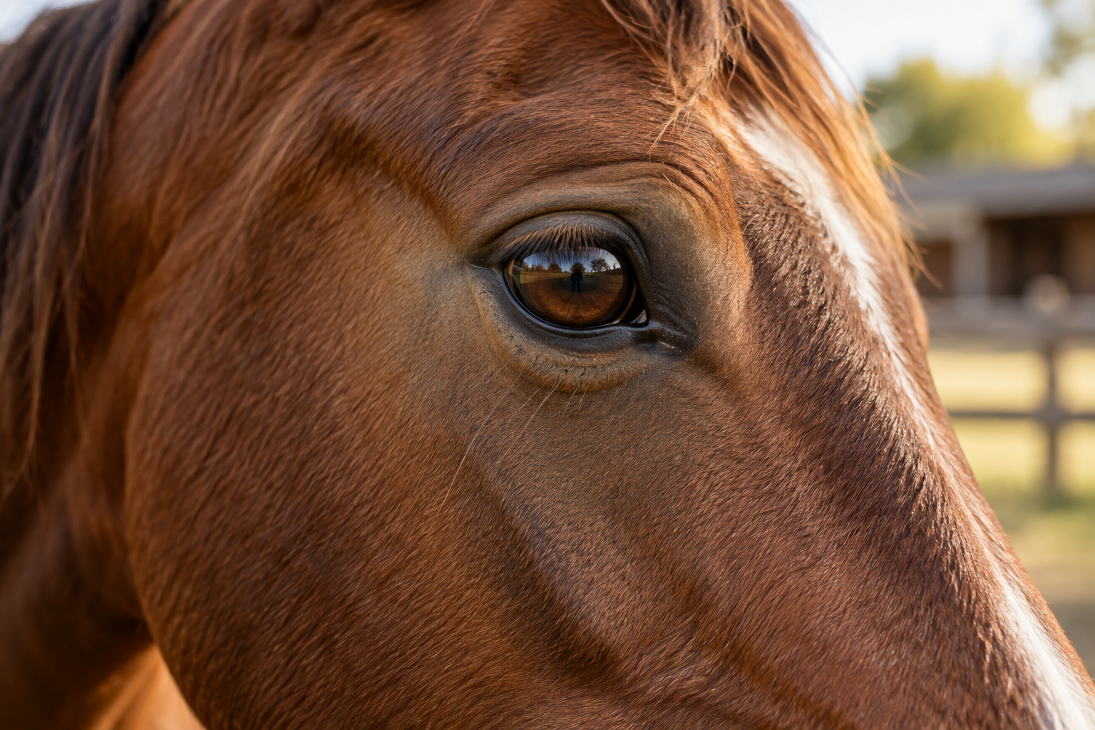 Close-up van het oog van een bruin paard met zichtbare wimpers.