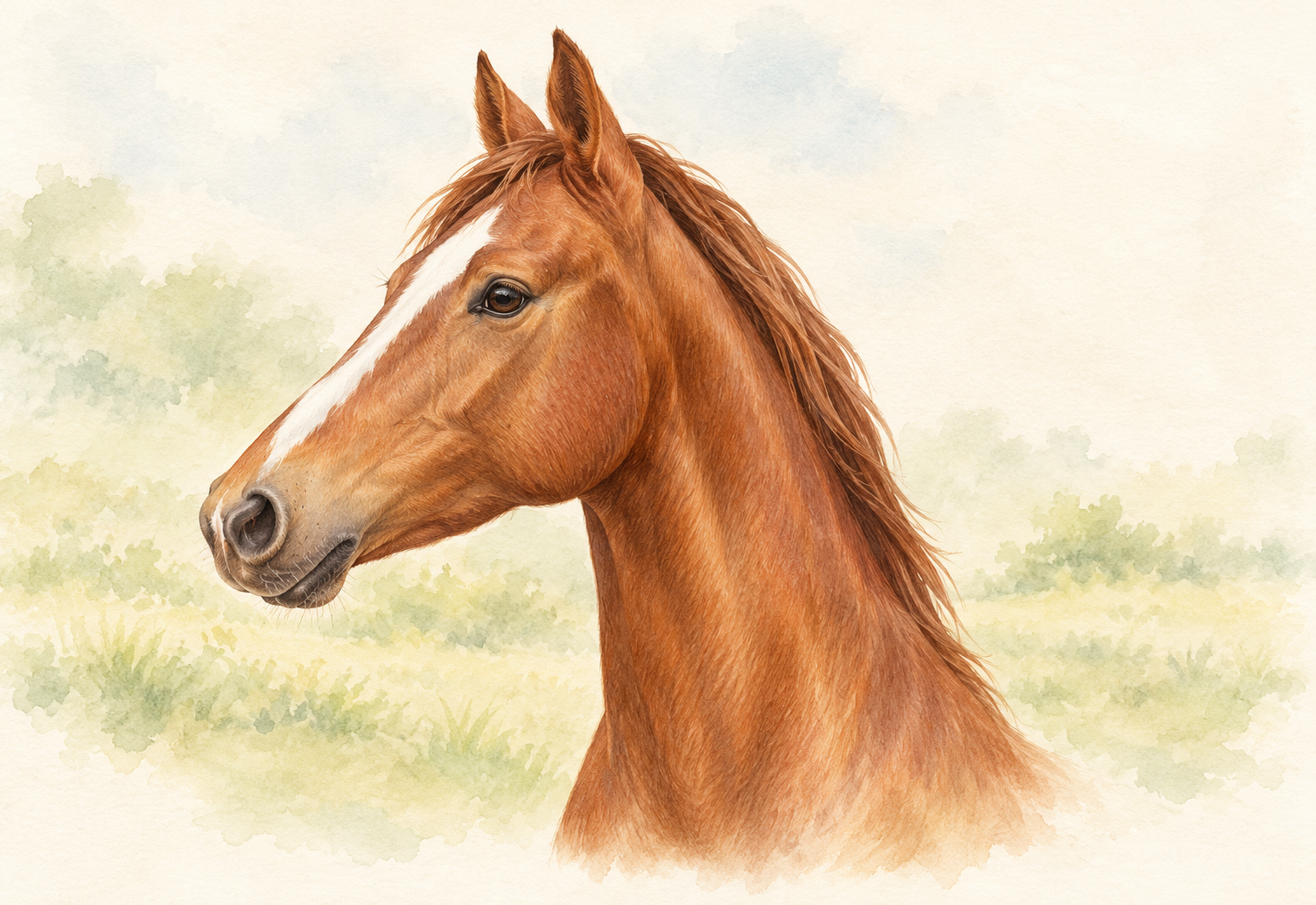 Aquarelillustratie van een voskleurig paard met witte bles tegen een zachte groene achtergrond