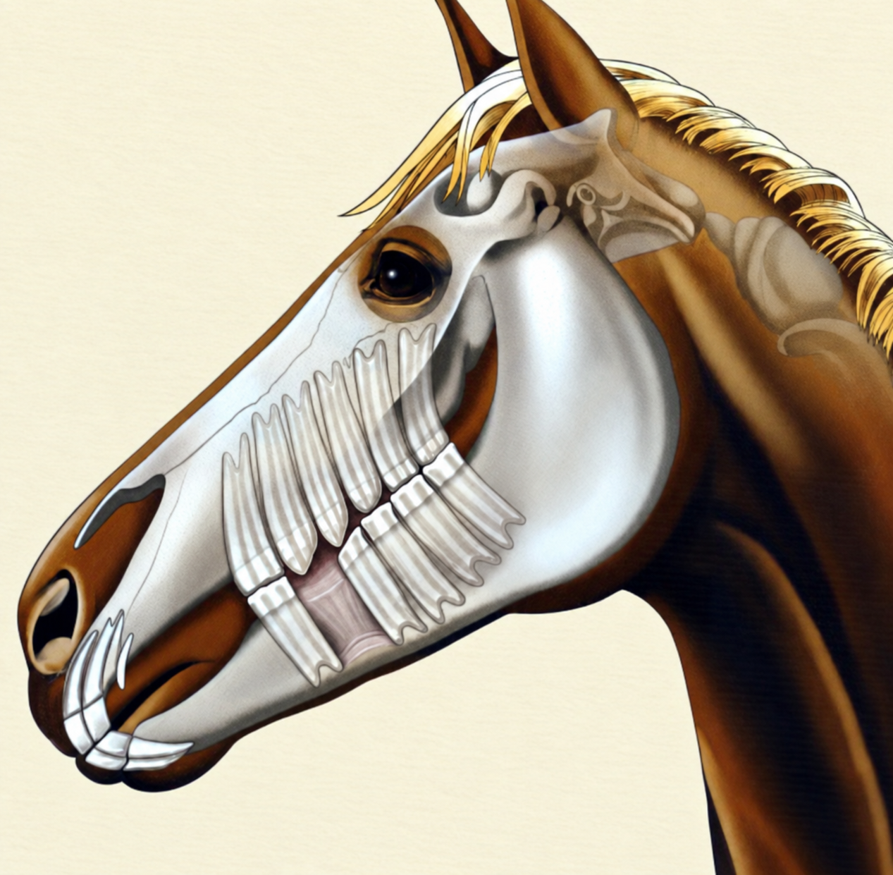 Schematische illustratie van een paardengebit met een ontbrekende onderkies en een verder uitstekende tegenoverliggende bovenkies.