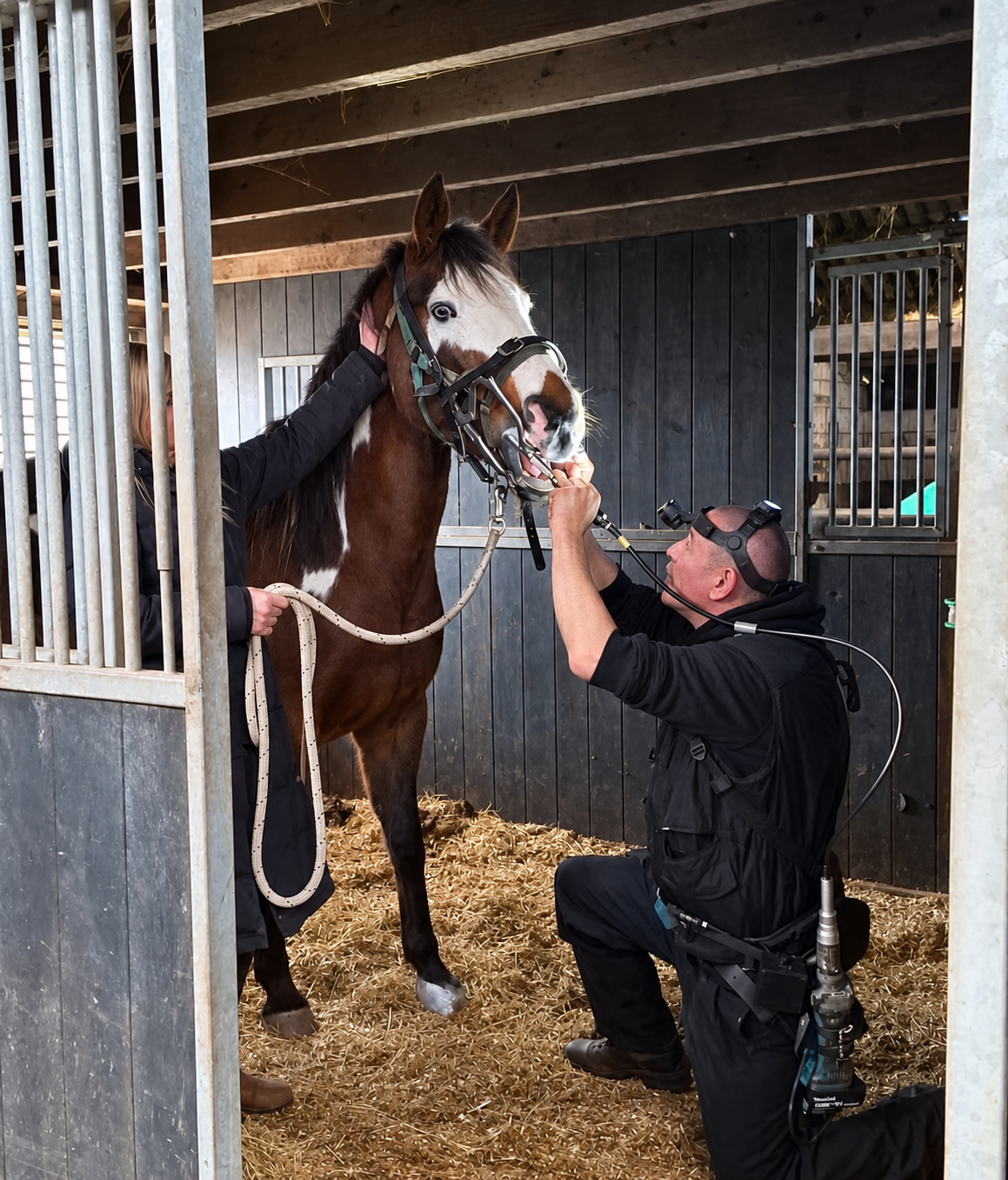 Marnix Brandes controleert het gebit van een bruin-wit paard in de stal.