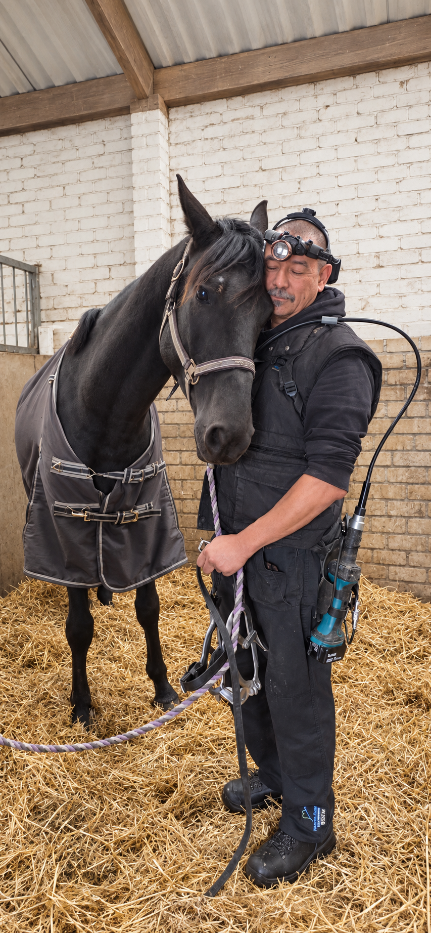 Jong paard legt zijn hoofd tegen de schouder van paardentandarts Marnix Brandes tijdens hun eerste kennismaking in de stal.