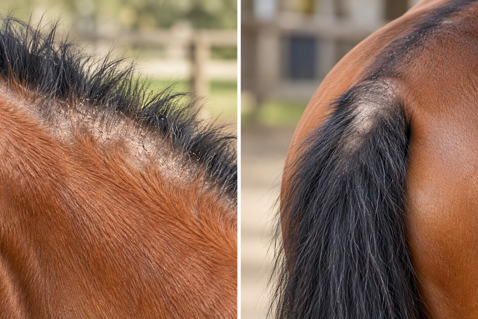 Illustratieve collage van een geschuurde manenkam met schilfers en een staartwortel met haarverlies bij een bruin paard.