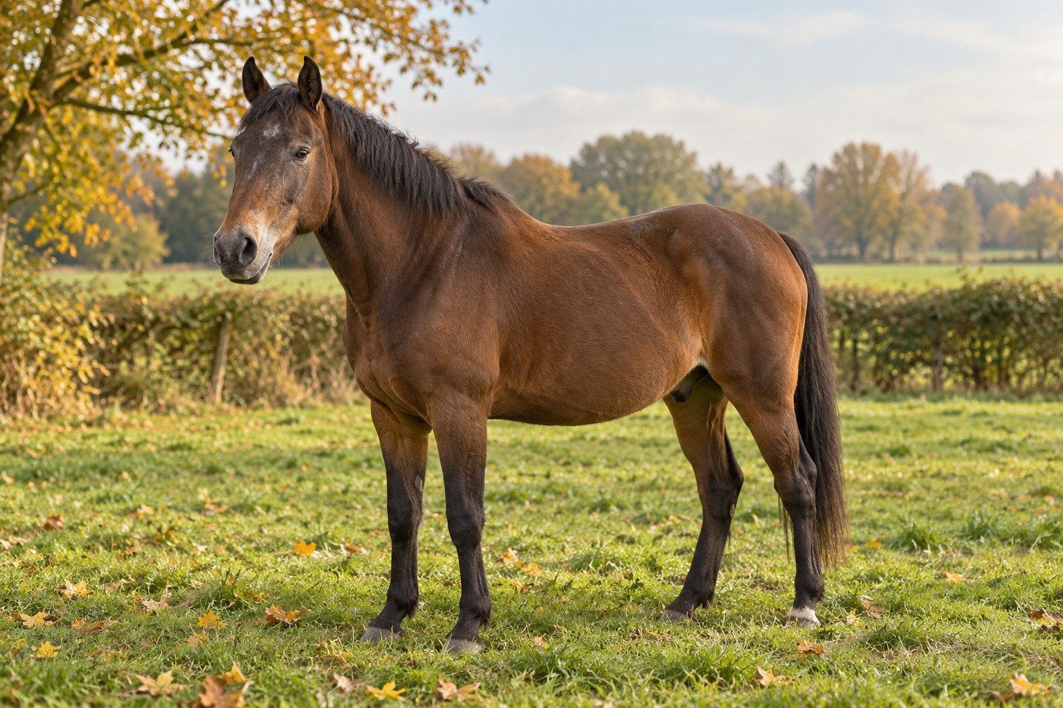 Bruin paard met een licht ingevallen bovenlijn staat ontspannen in een groene herfstwei.
