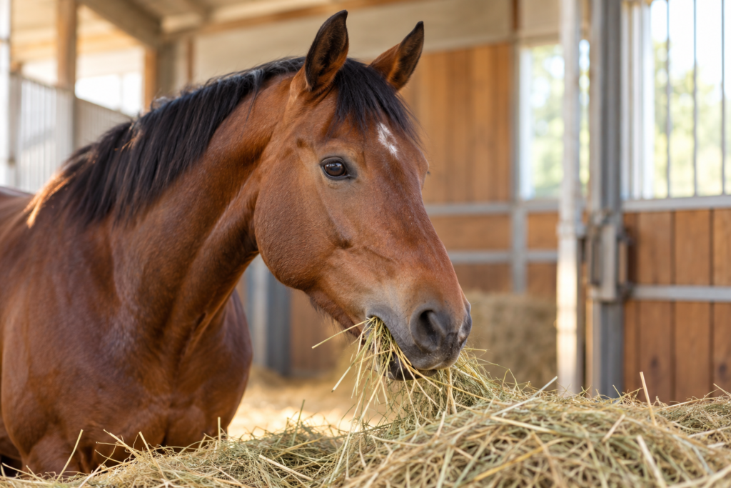 Bruin paard met een witte bles eet hooi in een lichte stal, met sprietjes hooi uit zijn mond.
