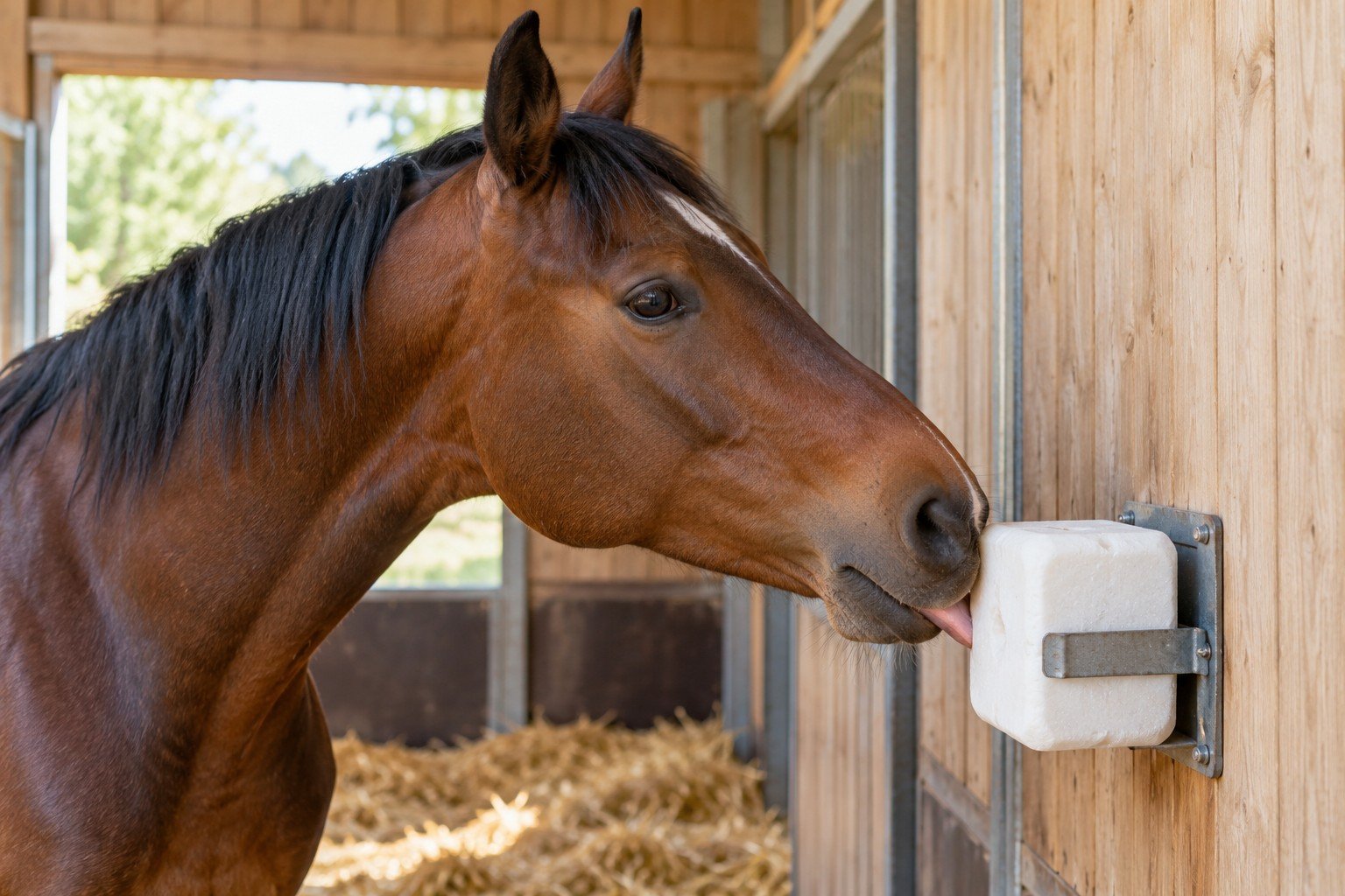 Een ontspannen bruin paard likt aan een witte zoutliksteen in een lichte stal.