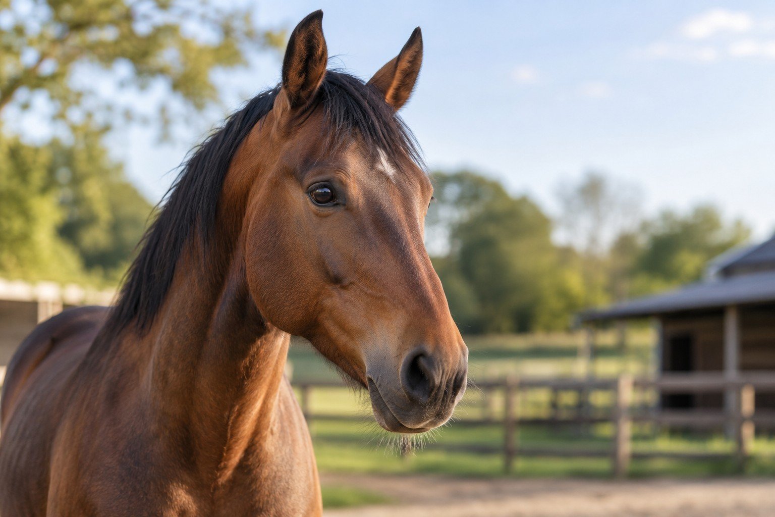 Neutraal portret van een bruin paard met neus en lippen duidelijk in beeld.