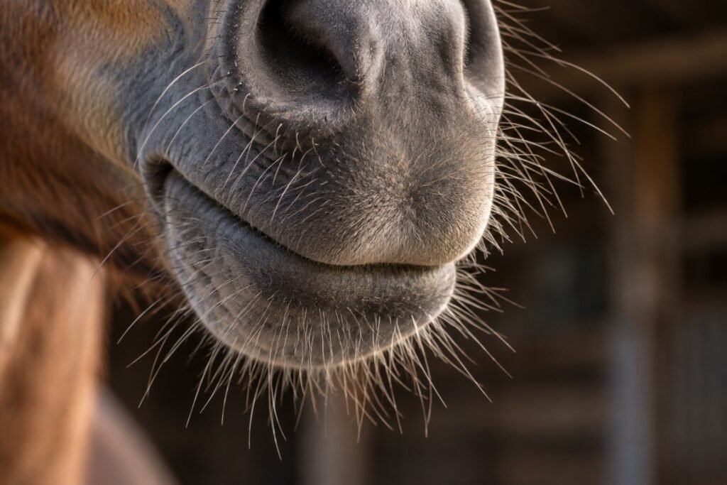 Close-up van een paardenmond met duidelijk zichtbare tastharen rond de lippen en kin.