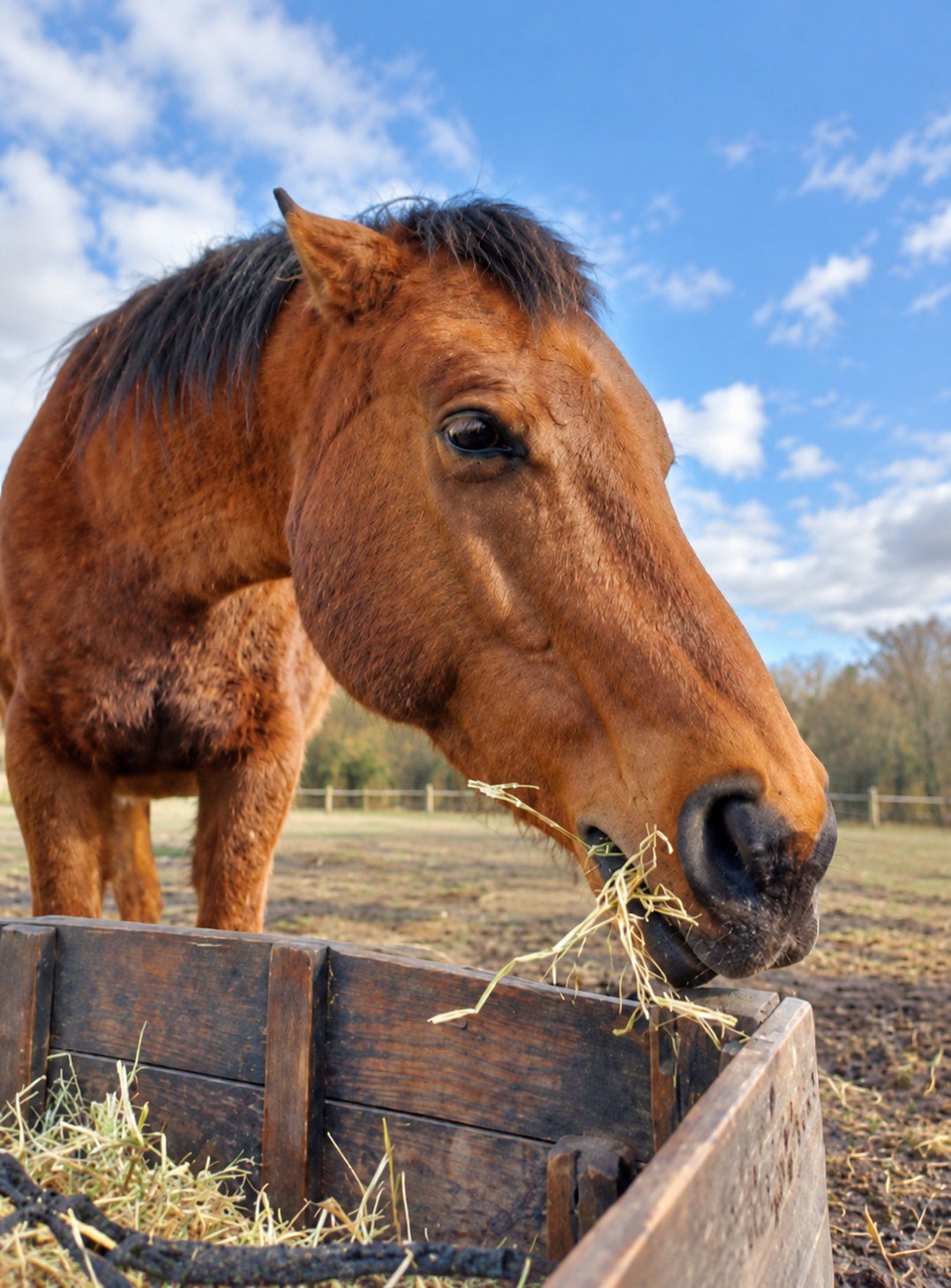 Bruin paard eet hooi uit een houten voerbak in een paddock.
